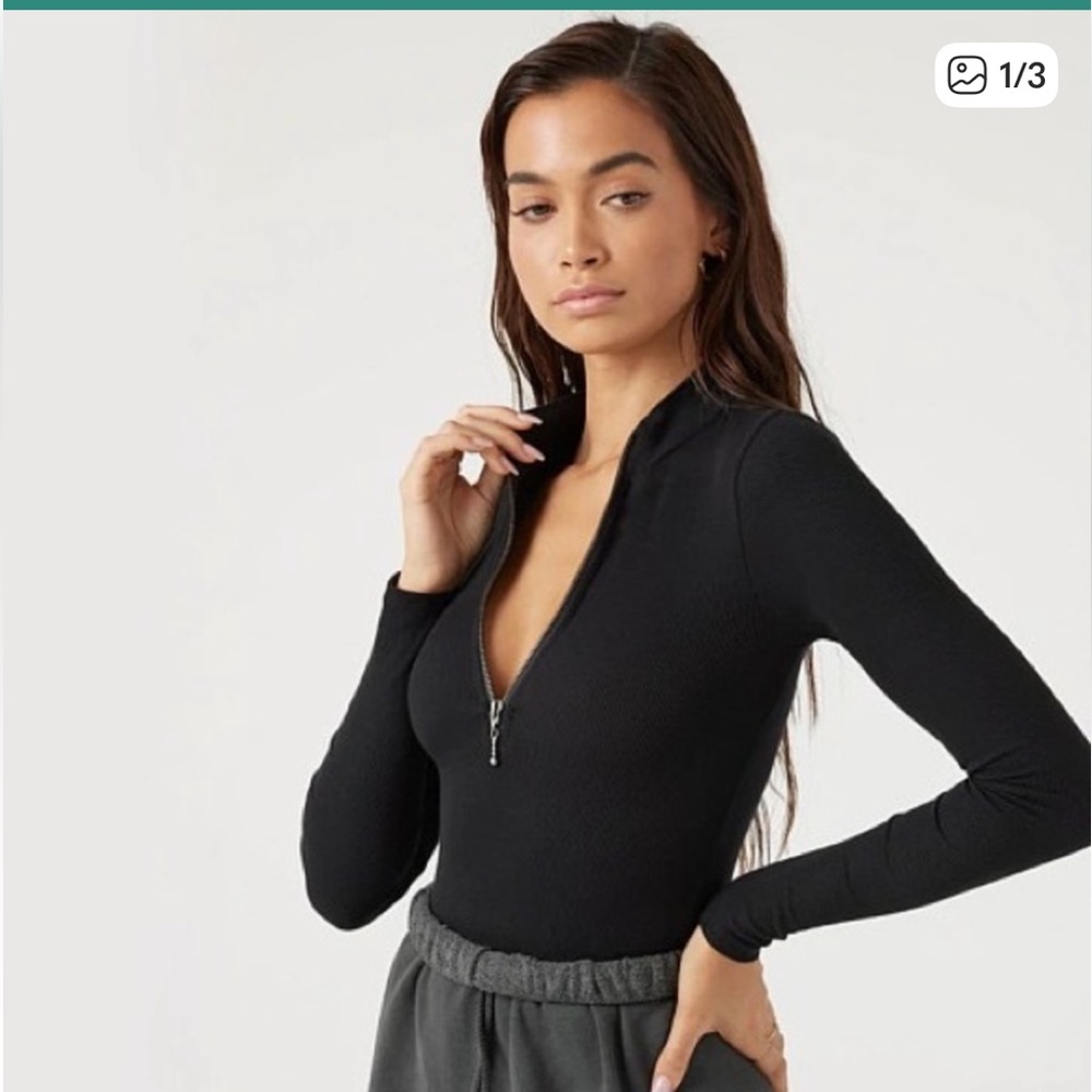 Joah Brown Quarter Zip Black Ribbed Top